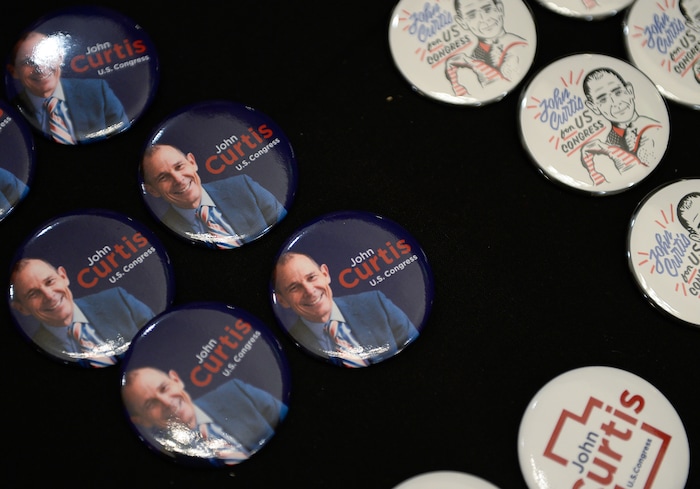 (Francisco Kjolseth  |  The Salt Lake Tribune)  Buttons greet supporters as John Curtis, Republican candidate for 3rd Congressional District awaits election results as he meets with supporters during his election night watch party at the Provo Marriott Hotel & Conference Center Tuesday, Nov. 7, 2017. The winner of the November special election will fill the congressional seat recently vacated by Jason Chaffetz.