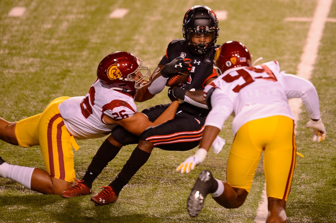 (Trent Nelson  |  The Salt Lake Tribune) Utah Utes running back Devin Brumfield (6) runs as the Utah Utes hosts the USC Trojans, NCAA football at Rice-Eccles Stadium in Salt Lake City on Saturday, Nov. 21, 2020.