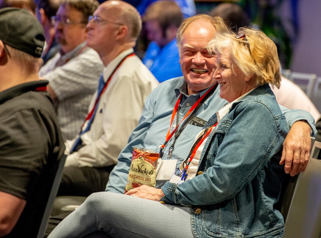 (Leah Hogsten  |  The Salt Lake Tribune) Central Committee members Claus and Jacquie Nielsen share a laugh during a break in the meeting's agenda. The Utah Republican Party Central Committee meets Saturday, May 19, 2018, to elect a new party vice chairman and debate several potential bylaw changes. 