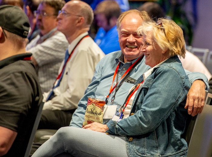 (Leah Hogsten | The Salt Lake Tribune) Central Committee members Claus and Jacquie Nielsen share a laugh during a break in the meeting's agenda. The Utah Republican Party Central Committee meets Saturday, May 19, 2018, to elect a new party vice chairman and debate several potential bylaw changes.