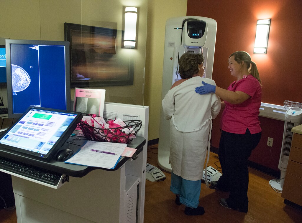 (Leah Hogsten  |  The Salt Lake Tribune) A patient receives a mammography screening at the Breast Care Center at Davis Hospital, October 4, 2016.