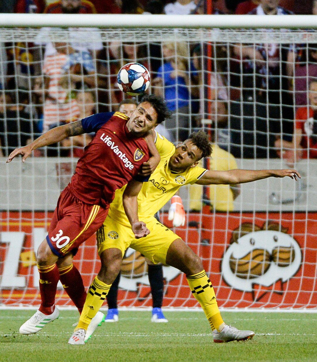 (Francisco Kjolseth  |  The Salt Lake Tribune)  Real Salt Lake defender Marcelo Silva (30) blocks an attempt on goal by Columbus Crew forward JJ Williams (33) as Real Salt Lake hosts Columbus Crew SC, in MLS Soccer at Rio Tinto Stadium in Sandy, Utah on Wed, July 3, 2019.