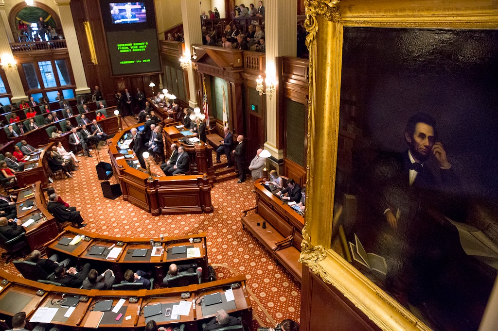 (Rich Saal | The State Journal-Register via AP)

An oil painting of Abraham Lincoln hangs over the Republican side of the House Chamber where Gov. Bruce Rauner delivers his budget address to a joint session of the General Assembly Wednesday, Feb. 14, 2018 at the Capitol in Springfield, Ill.