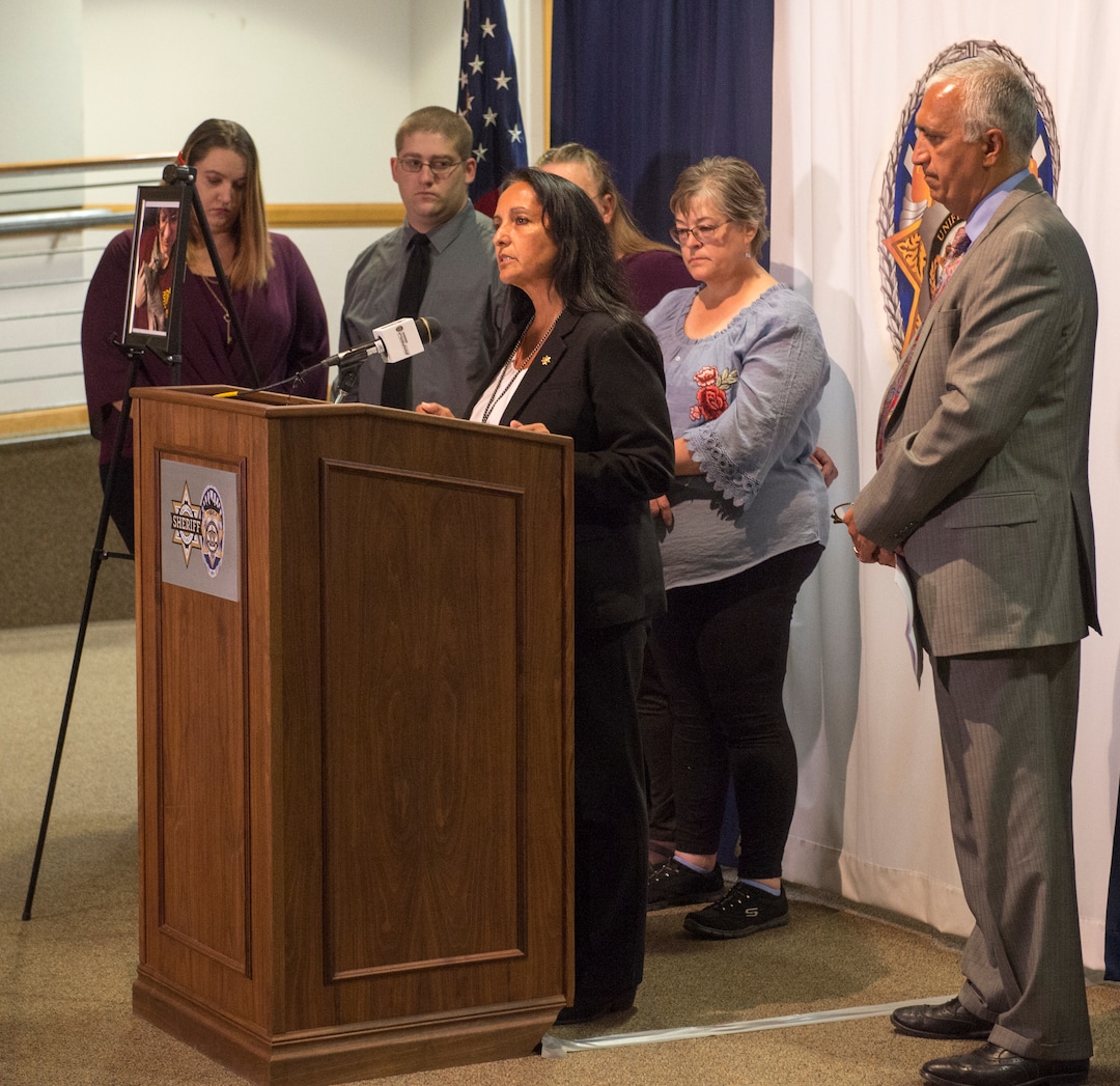 (Rick Egan  |  The Salt Lake Tribune)  Salt Lake County Sheriff Rosie Rivera, center, talks about the beating death of Valerie Sue Brantzeg, accompanied by Brantzeg's relatives and Salt Lake County District Attorney Sim Gill, at the Salt Lake County Sheriff's Office, Friday, Sept. 7, 2018. Formal charges have been filed against Walter Eugene Brantzeg, Valerie's estranged husband, in her death.