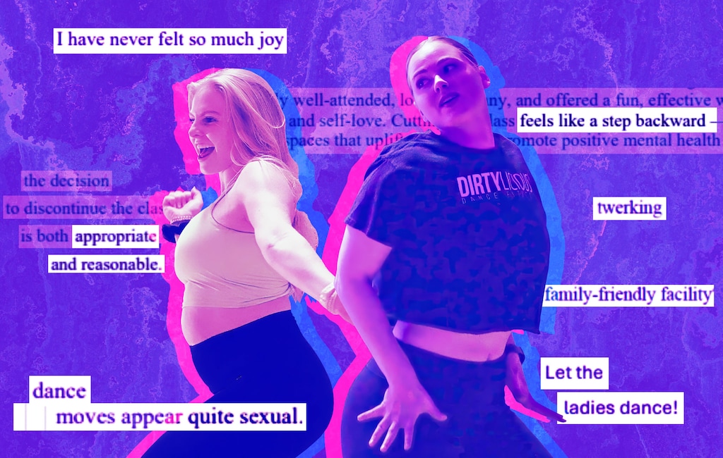 (Photo illustration by Christopher Cherrington | The Salt Lake Tribune) Courtney Steuart, left, and Sydney Ivory, right, separately learn new dance moves during a Dirtylicious Dance Fitness class in Orem on Tuesday, Oct. 14, 2025. Included are screenshots of various email records provided to The Salt Lake Tribune regarding Dirtylicious classes once held at the Provo Recreation Center. Provo canceled the rec center classes in June after the city received at least one complaint; many people also submitted emails in support of the program.