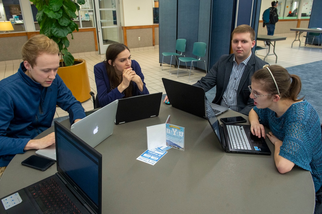 (Rick Egan  |  The Salt Lake Tribune)     Topher Taylor listens as Kendra Muller talk with Caleb Stewart, and Megan McLaws, about accessibility issues on BYU campus. Muller is leading a group that's challenging how BYU accommodates students with disabilities. Wednesday, April 17, 2019.