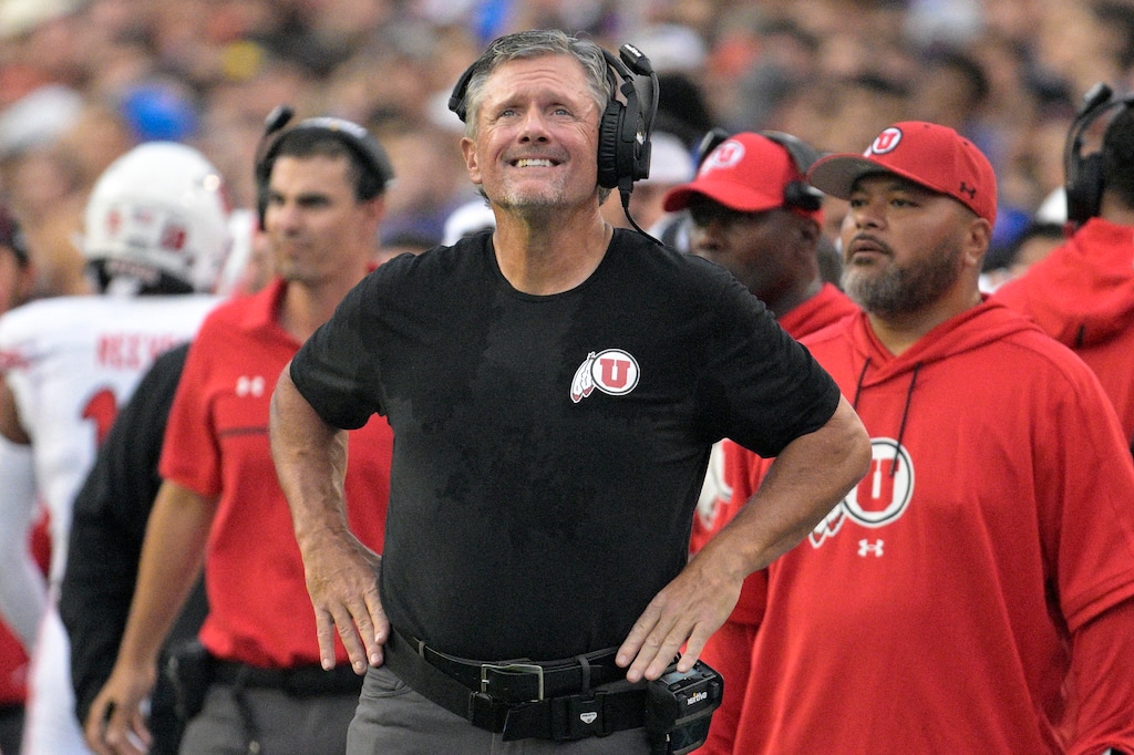 (Phelan M. Ebenhack | AP) Utah head coach Kyle Whittingham, center, reacts on the sideline after a play during the first half of an NCAA college football game against Florida, Saturday, Sept. 3, 2022, in Gainesville, Fla.