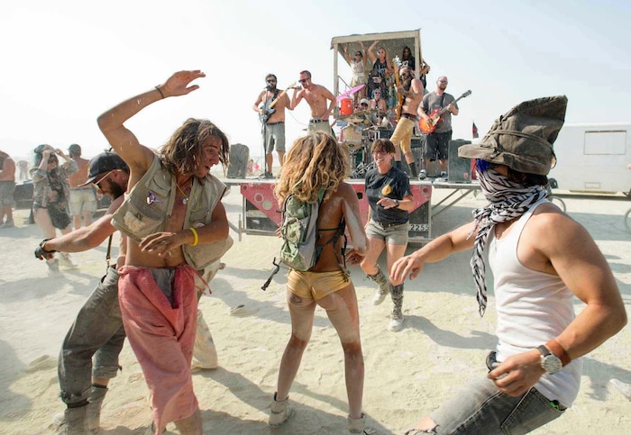 (Rick Egan  |  The Salt Lake Tribune)Participants dance to a band called Voted  Best Band, at Burning Man, 100 miles north of Reno, in the Black Rock DesertThursday, August 31, 2017.