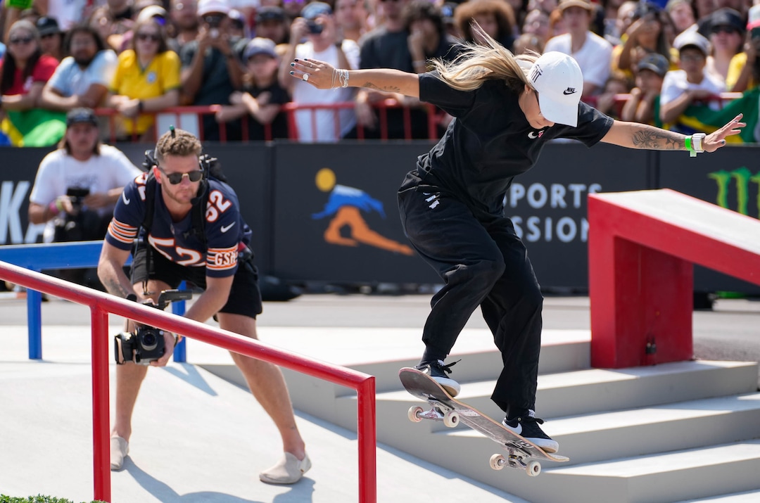 (Francisco Kjolseth | The Salt Lake Tribune) Pamela Rosa of Brazil competes in Street League Skateboarding Championship Tour at the Utah State Fairpark in Salt Lake City on Saturday, Aug. 28, 2021. Now in its 11th year, the sport’s premier competition series includes more of the world’s best skaters than ever before, with the tour roster featuring 47 athletes hailing from 11 countries, including 21 Olympians and multiple X Games medalists.