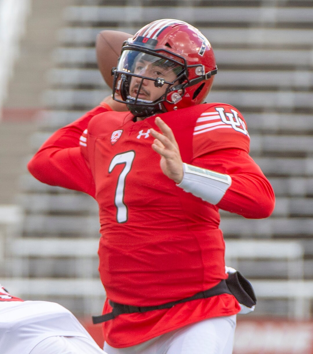 (Rick Egan  |  The Salt Lake Tribune)  Quarterback Cameron Rising throws the ball in Utah's spring Red-White game at Rice-Eccles Stadium, Saturday, April 13, 2019.