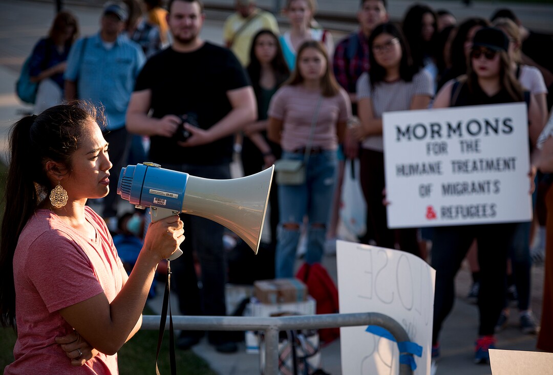 Michael Mangum  |  Special to the Tribune

Claudia Loayza of South Jordan speaks to the crowd during a protest outside the U.S. Immigration and Customs Enforcement Salt Lake City Field Office in West Valley City, UT on Wednesday, July 24, 2019.