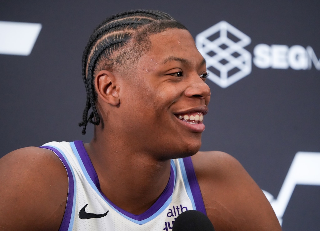 (Chris Samuels | The Salt Lake Tribune) Utah Jazz forward Ace Bailey speaks during media day in Salt Lake City, Monday, Sept. 28, 2026.