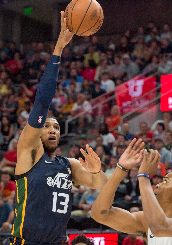 (Rick Egan  |  The Salt Lake Tribune)      Utah center Tony Bradley (13) shoots for the Jazz, in Utah Jazz summer league action between Utah Jazz and Memphis Grizzlies in Salt Lake City, Tuesday, July 3, 2018.