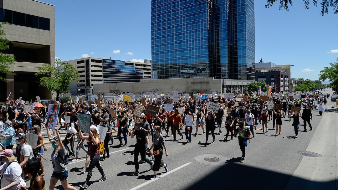 (Francisco Kjolseth  |  The Salt Lake Tribune) Demonstrators march the streets of downtown Salt Lake City for a protest as part of a series of Juneteenth celebrations on Friday, June 19, 2020.