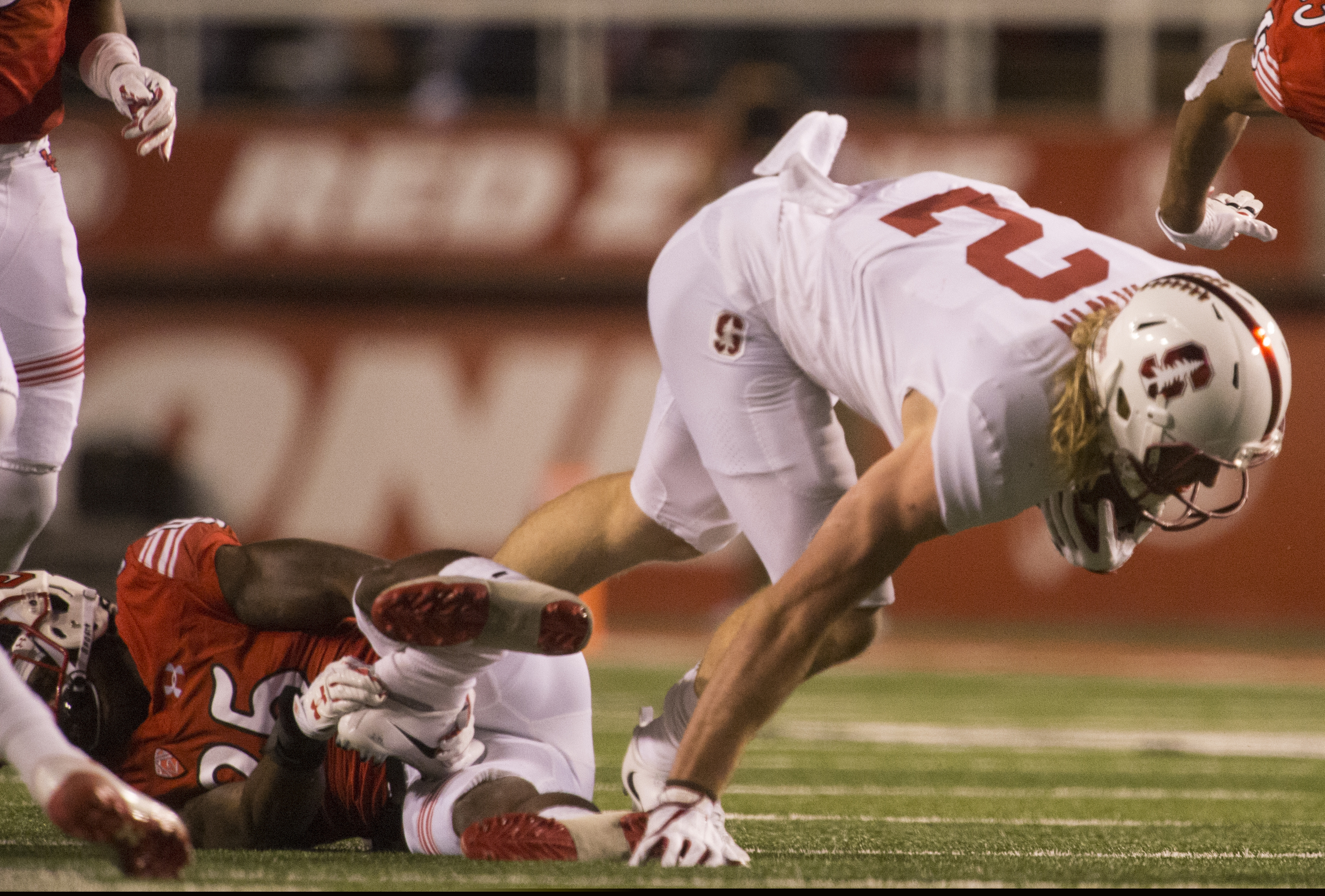 (Rick Egan  |  The Salt Lake Tribune)Utah Utes defensive back Casey Hughes (25) stops Stanford Cardinal wide receiver Trenton Irwin (2), in PAC-12 football action, Utah Utes vs. Stanford Cardinals, at Rice-Eccles Stadium, Saturday, October 7, 2017.