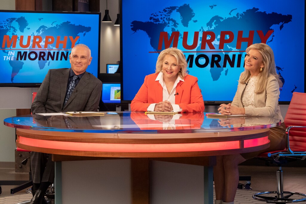 (Photo courtesy David Giesbrecht/Warner Bros) Frank Fontana (Joe Regalbuto), Murphy Brown (Candice Bergen) and Corky Sherwood (Faith Ford) on the set of “Murphy in the Morning.”