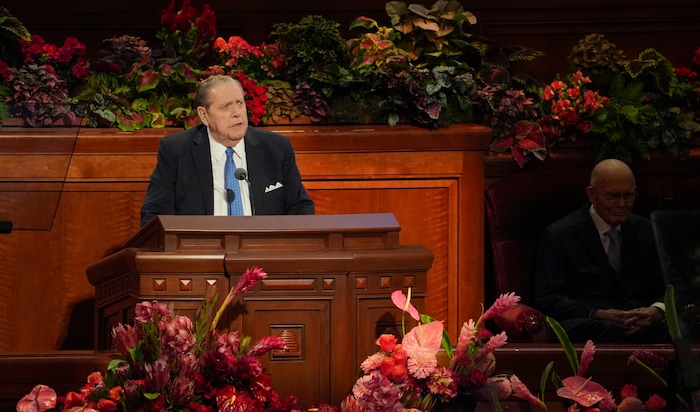 (Chris Samuels | The Salt Lake Tribune) Apostle Jeffrey R. Holland speaks during a session of General Conference of The Church of Jesus Christ of Latter-day Saints at the Conference Center in Salt Lake City, Sunday, Oct. 5, 2025. Holland died Dec. 27. 2025, at age 85.