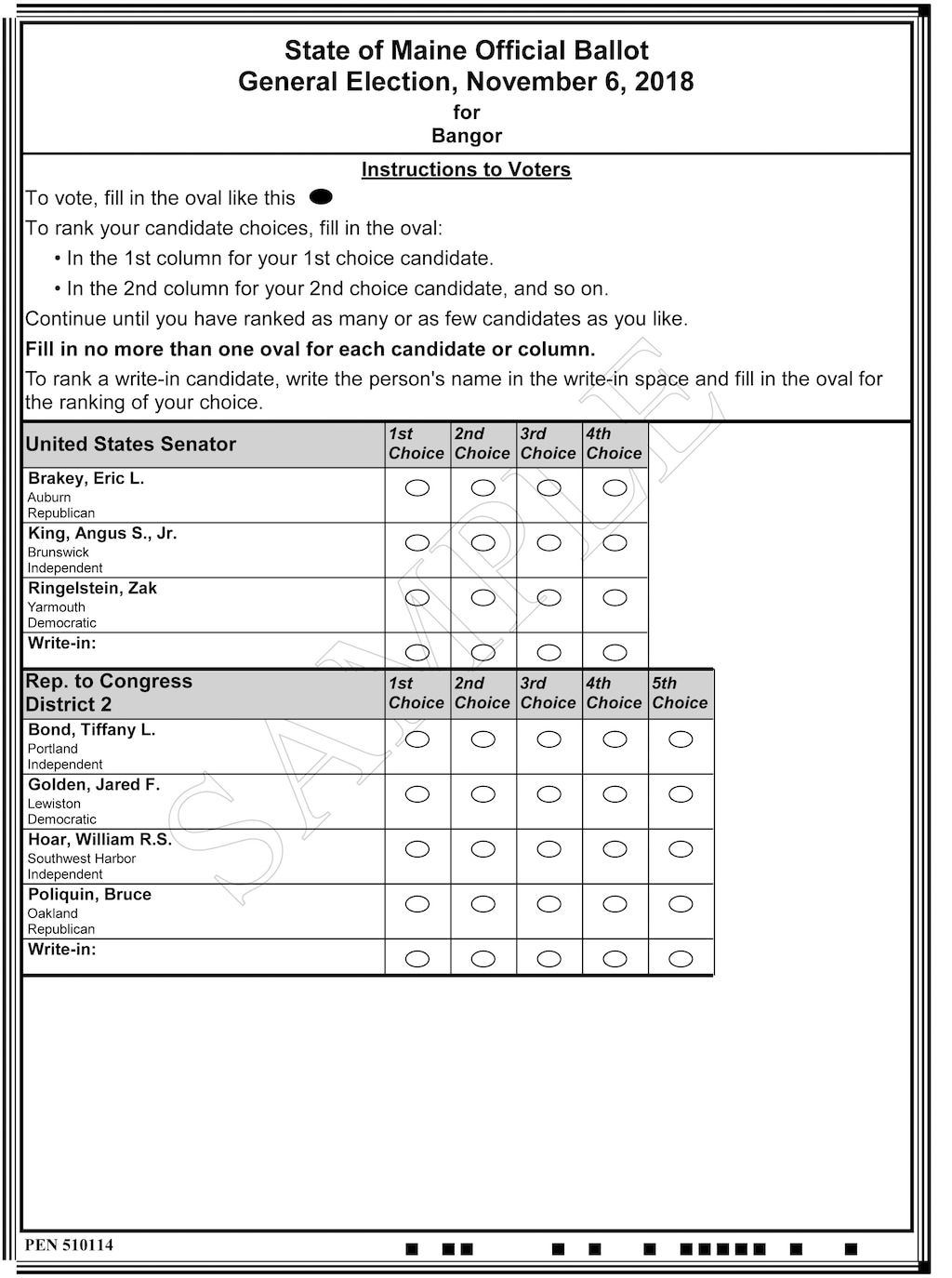 (Maine Office of Secretary of State | The Associated Press) This undated image released by the Maine Office of Secretary of State shows a sample ballot for some of the offices up for election in the state's November general election. The ballot offers voters ranked choices for placing their vote using the new system in the November general election.