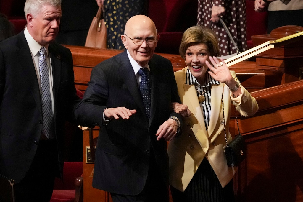 (Bethany Baker  |  The Salt Lake Tribune) President Dallin H. Oaks leaves with his wife, Kristen M. Oaks, after the afternoon session of General Conference of The Church of Jesus Christ of Latter-day Saints at the Conference Center in Salt Lake City on Saturday, Oct. 3, 2026.