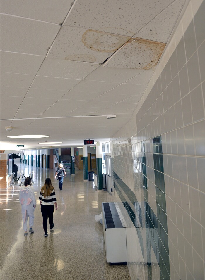 (Al Hartmann  |  The Salt Lake Tribune) 	Hillcrest High School in Canyons School District is starting to show its age.  It was built in 1962.  Water damaged ceiling tiles are from leaks to the roof.   There are several bond initiatives in school districts around the Wasatch Front this Nov. 7. These bonds help with capital projects like rebuilding or updating schools, which are important as many schools in districts across the valley are very old. Hillcrest High School will be completely rebuilt if the bond were to pass. 