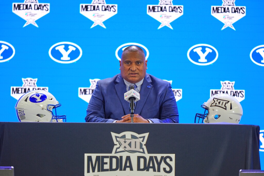 (LM Otero | AP) BYU head coach Kalani Sitake speaks during Big 12 NCAA college football media days in Frisco, Texas, Tuesday, July 8, 2025.