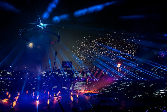 (Chris Detrick  |  The Salt Lake Tribune)  Fireworks explode during the Pyeongchang 2018 Winter Olympics opening ceremony at Olympic Stadium Friday, February 9, 2018.  