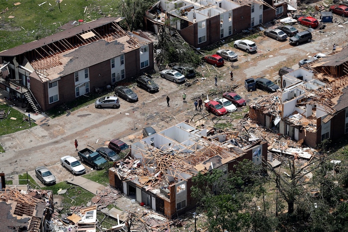 (Jeff Roberson |AP) This aerial image shows severe storm damage in Jefferson City, Mo., Thursday, May 23, 2019, after a tornado hit overnight. A tornado tore apart buildings in Missouri's capital city as part of an overnight outbreak of severe weather across the state.