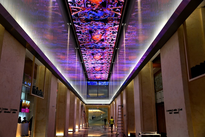 The high-tech ceiling in the hallway at the entrance to the Museum of the Bible will feature digital images and movies as well as running scripture verses. MUST CREDIT: Washington Post photo by Michael S. Williamson.