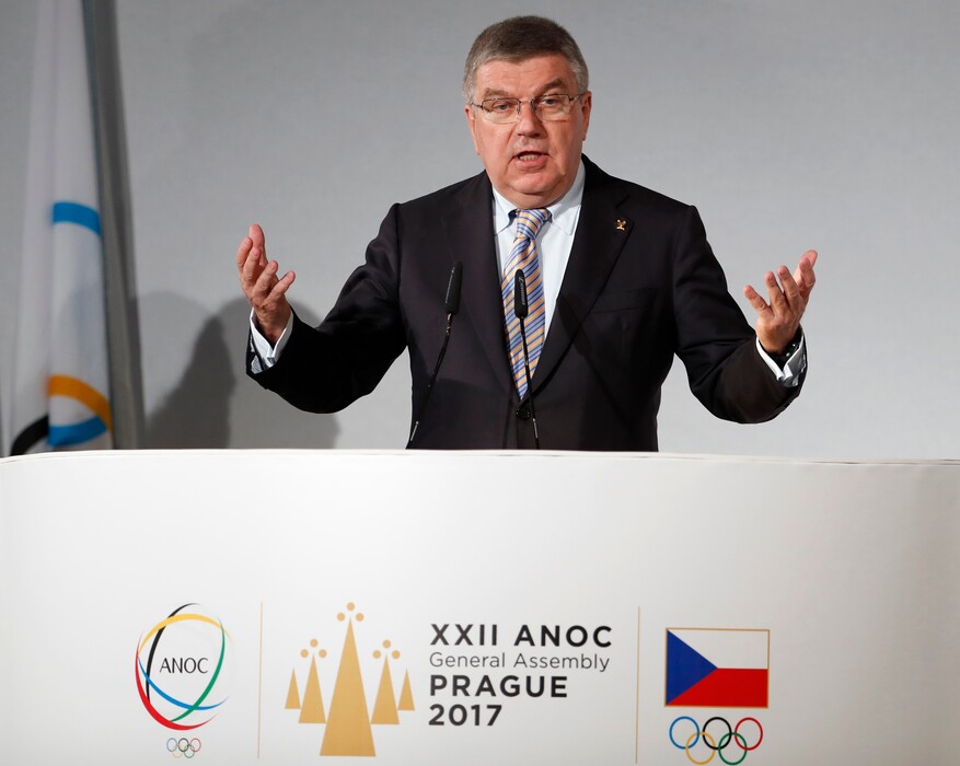 IOC President Thomas Bach addresses delegates during the general assembly of the Association of National Olympic Committees (ANOC) in Prague, Czech Republic, Thursday, Nov. 2, 2017. (AP Photo/Petr David Josek)