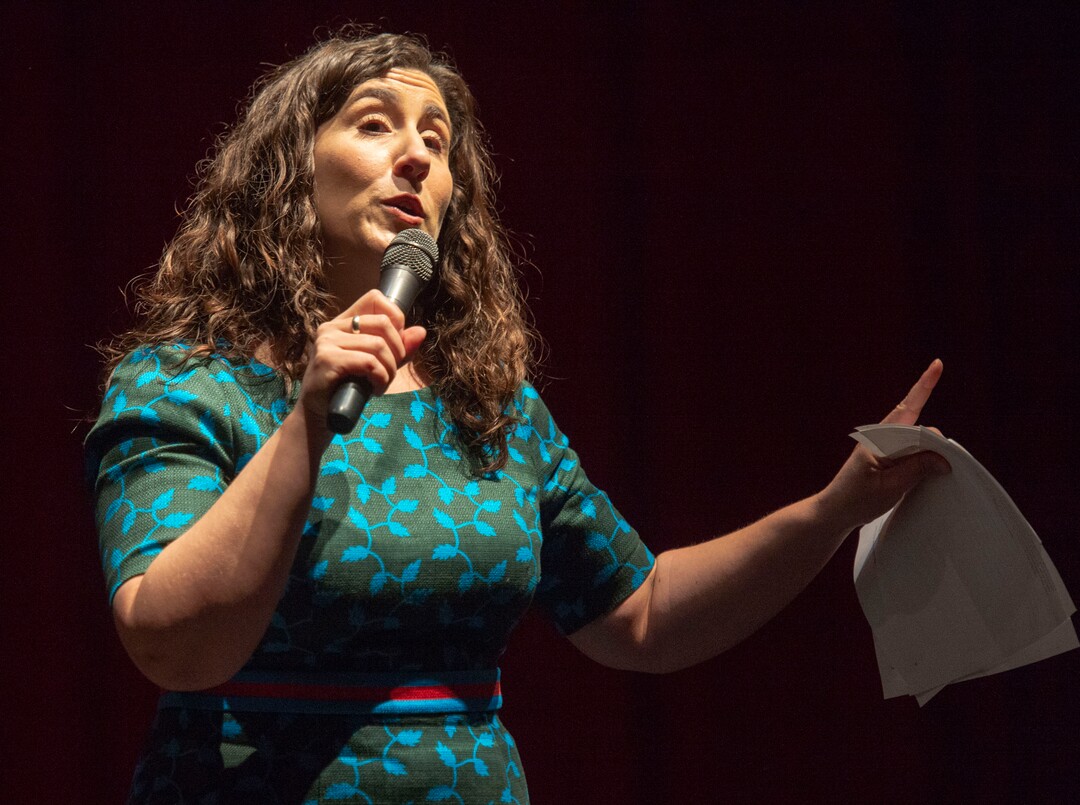 (Rick Egan  |  The Salt Lake Tribune)     Shireen Ghorbani speaks to the Salt Lake County Democratic Party's Central Committee members, as one of 10 candidates vying the at-large Country Council seats left vacant by now-Salt Lake County Mayor Jenny Wilson, at Eisenhower Jr High, Saturday, Feb. 23, 2019.