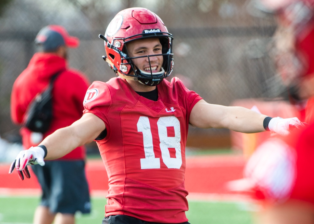 (Rick Egan  |  The Salt Lake Tribune)  Utah wide receiver Britain Covey works out during spring practice, Tuesday March 3, 2020