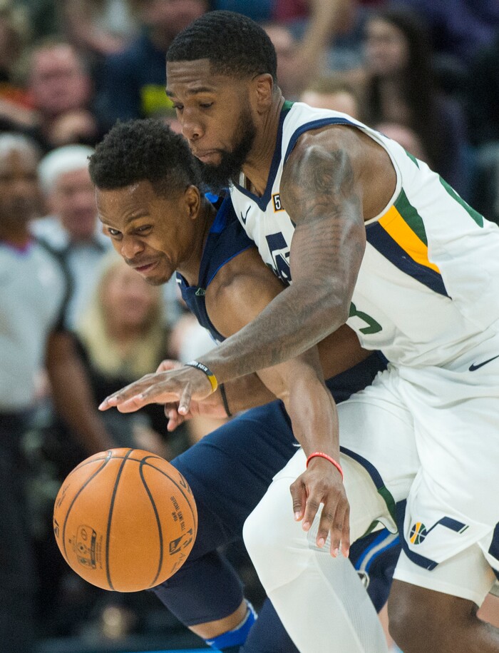 (Rick Egan  |  The Salt Lake Tribune)    Utah Jazz forward Royce O'Neale (23) seals the ball from Dallas Mavericks guard Dennis Smith Jr. (1), in NBA action between Utah Jazz and Dallas Mavericks in Salt Lake City, Saturday, Feb. 24, 2018.