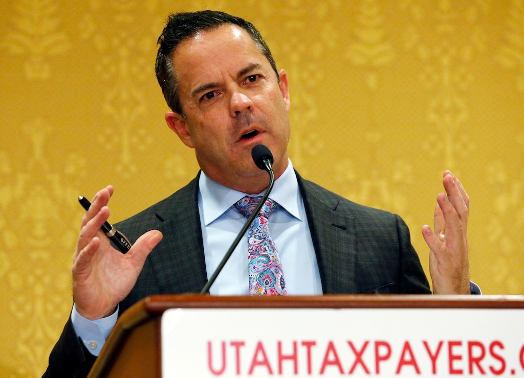 Utah House Speaker Brad Wilson speaks during the Utah Taxpayers Association 2019 legislative outlook conference Monday, Jan. 7, 2019, in Salt Lake City. Utah Gov. Gary Herbert is pitching his plan of adding new sales taxes while cutting the overall rate, an issue that could be contentious during the upcoming legislative session. Herbert told the Utah Taxpayers Association that economic changes have significantly narrowed the sales tax base, and now is the time to act. (AP Photo/Rick Bowmer)