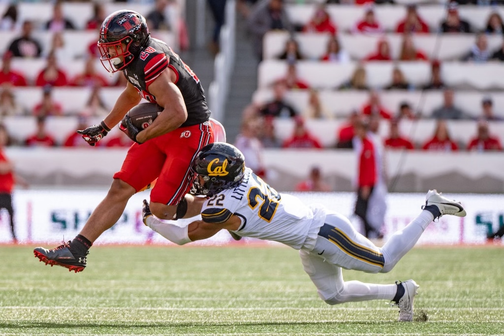(James Roh | Special to The Tribune) Utah Utes running back Sione Vaki attempts a rush during the first half of a football game against the Cal Golden Bears at Rice-Eccles Stadium in Salt Lake City on Saturday, October 14, 2023. Utah won 34 to 14.