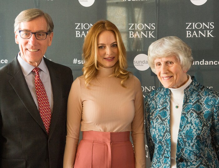 (Rick Egan  |  The Salt Lake Tribune)    Scott Anderson, president and CEO of Zions Bank, with Heather Graham and Pamela Atkinson, advocate for the homeless. Atkinson received an award for her leadership, from at the 2018 Sundance Film Festival Utah Women’s Leadership Celebration in Park City on Thursday, Jan. 25, 2018.