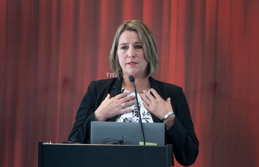 (Leah Hogsten | The Salt Lake Tribune) Jill McCluskey speaks about the improvements to better support victims of domestic violence on campus during the University of Utah's campus safety conference, Mar. 2, 2023. McCluskey's daughter, Lauren McCluskey, a 21-year-old track athlete, was killed in October 2018 outside her dorm room by a man she had briefly dated.