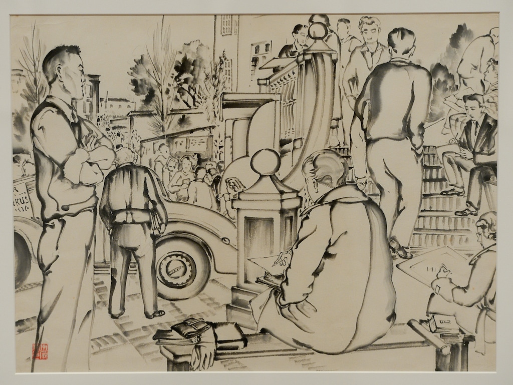 (Francisco Kjolseth  |  The Salt Lake Tribune)  The Utah Museum of Fine Art hosts "Chiura Obata: An American Modern," major touring retrospective of Japanese-American artist (1885-1975), whose work captured Western landscapes and his time at the Topaz War Relocation Center (internment camp) during World War II. Exhibit opens Friday, May 25. Pictured is Untitled (UC Berkeley students), ca 1930s, Ink on paper. 