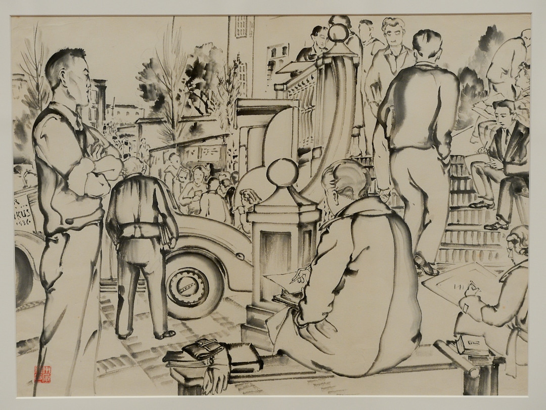 (Francisco Kjolseth  |  The Salt Lake Tribune)  The Utah Museum of Fine Art hosts "Chiura Obata: An American Modern," major touring retrospective of Japanese-American artist (1885-1975), whose work captured Western landscapes and his time at the Topaz War Relocation Center (internment camp) during World War II. Exhibit opens Friday, May 25. Pictured is Untitled (UC Berkeley students), ca 1930s, Ink on paper. 