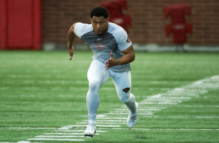 (Rick Egan  |  The Salt Lake Tribune)       Jordan Howard, runs the agility drills, during University of Utah's 2018 Pro Day for NFL scouts, at Spence Eccles Field House, Wednesday, March 28, 2018.
