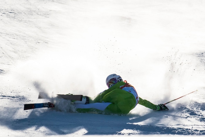 (Chris Detrick  |  The Salt Lake Tribune)  Slovenia's Tina Robnik crashes in the Ladies' Giant Slalom at Yongpyong Alpine Centre during the Pyeongchang 2018 Winter Olympics Thursday, Feb. 15, 2018. 