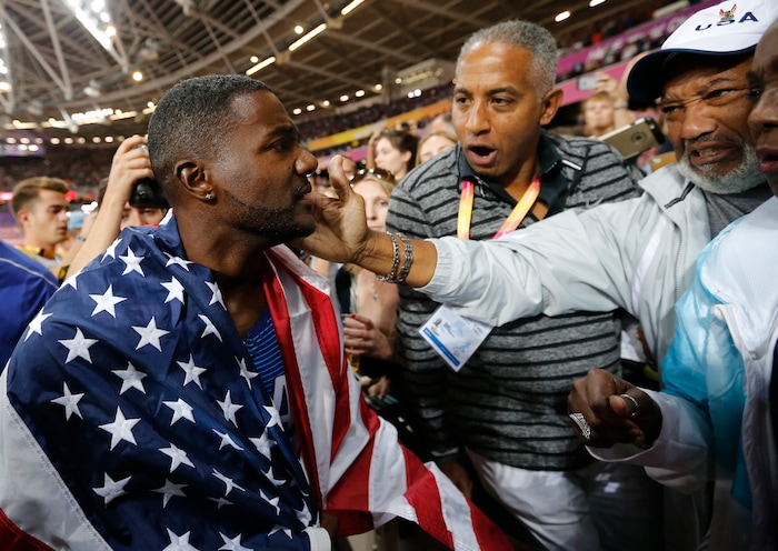 United States' Justin Gatlin celebrates after winning the gold medal in the men's 100m final during the World Athletics Championships in London Saturday, Aug. 5, 2017. (AP Photo/Frank Augstein)