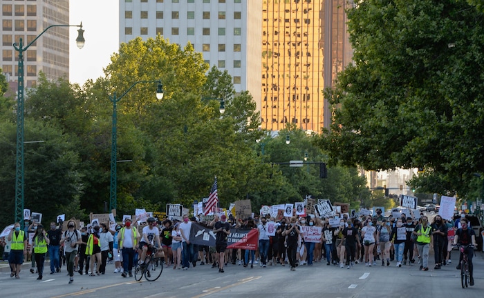 (Francisco Kjolseth  |  The Salt Lake Tribune) As part of national day of protest against police crimes, the National Alliance Against Racist and Political Repression, the Salt Lake Civilian Police Accountability Council and other groups gather at the Utah Capitol on Saturday, July 18, 2020, before marching along South Temple to the Governor’s mansion to demand for a special session to repeal HB 415, which prohibits municipalities from establishing a board or committee with regulatory power over police departments.