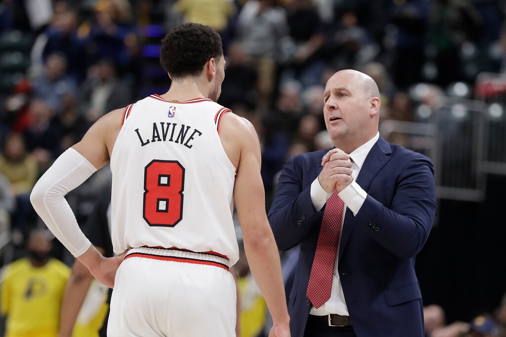 Chicago Bulls head coach Jim Boylen talks with Zach LaVine during the second half of an NBA basketball game against the Indiana Pacers, Tuesday, Dec. 4, 2018, in Indianapolis. Indiana won 96-90. (AP Photo/Darron Cummings)