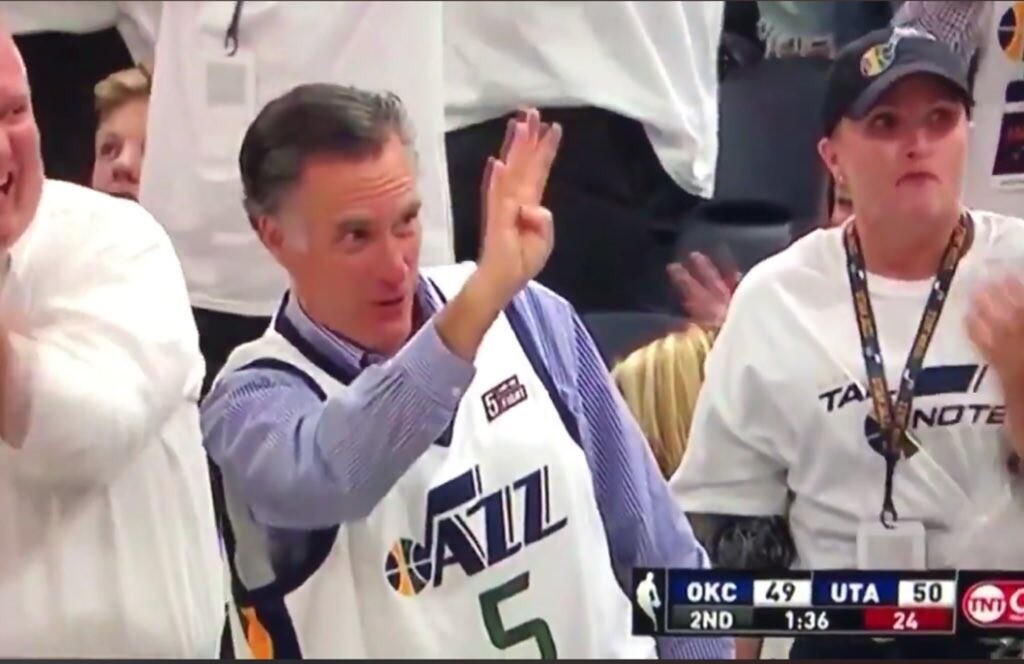 (Courtesy TNT) Utah U.S. Senate candidate Mitt Romney taunts Oklahoma City Thunder star Russell Westbrook at Monday night's playoff game against the Utah Jazz in Salt Lake City. Romney's appearance on TV inspired a raft of Twitter comments and jokes.