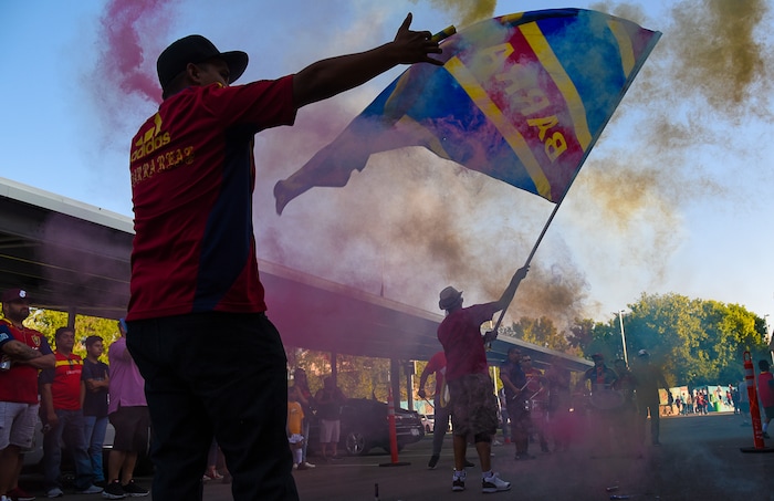 (Francisco Kjolseth  |  The Salt Lake Tribune)  RSL soccer fans get pumped up before a tough match up against L.A. Galaxy Saturday, Sept. 1, 2018, in Sandy at Rio Tinto Stadium.