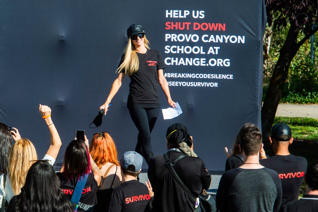 (Rick Egan  |  The Salt Lake Tribune)    Paris Hilton speaks to survivors during a rally and march to continue her calls for the closure of Provo Canyon School, a residential treatment center in Utah she attended when she was a teenFriday, Oct. 9, 2020.