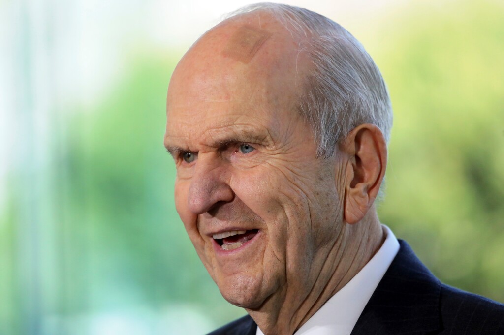(Rick Bowmer | AP photo)
In this April 19, 2019, photo, Church of Jesus Christ of Latter-day Saints President Russell M. Nelson speaks during a news conference at the Temple Square South Visitors Center in Salt Lake City. Nelson called on members Friday to flood social media over Thanksgiving week with messages of gratitude in what he hopes will serve as a healing tool as the world grapples with the coronavirus pandemic, racism and a lack of civility.