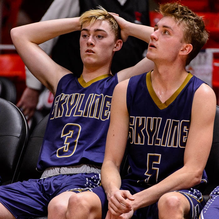 (Trent Nelson | The Salt Lake Tribune)  Skyline vs. Bountiful, 5A State high school basketball tournament at the Huntsman Center in Salt Lake City, Wednesday Feb. 28, 2018. Skyline's Tommy McGrath (3) and Skyline's Hollan Schweitz (5) on the bench in the final minute.