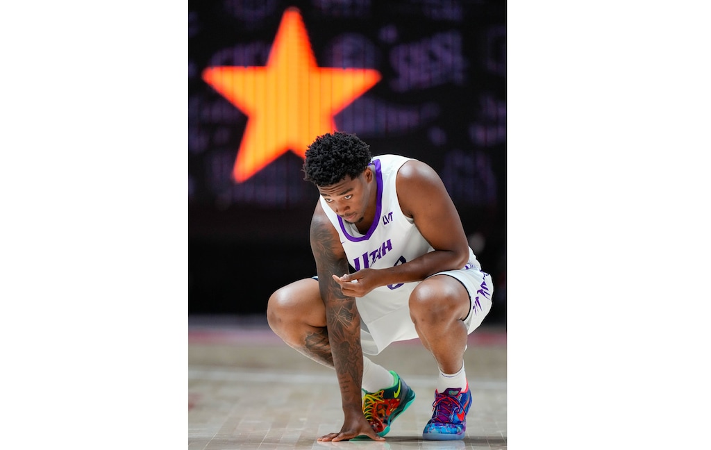 (Francisco Kjolseth  | The Salt Lake Tribune) Utah Jazz forward Brice Sensabaugh (22) takes a moment to collect himself as the Utah Jazz take on the Memphis Grizzlies during an NBA Salt Lake City Summer League game at the Jon M. Huntsman Center on the University of Utah campus, Monday, July 7, 2025.