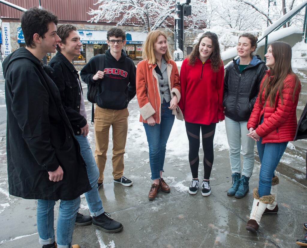 (Rick Egan  |  The Salt Lake Tribune)    L-R Students, Isaac Reese, Mathew Davis, Elizabeth Love, Sophie Davies, Wilhelmina Graff and Aurora Allen, meet in Sugar House to organize the upcoming March for Our Lives, urging gun restrictions in the wake of a Florida school shooting.  Monday, Feb. 19, 2018.